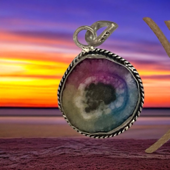 Solar Quartz Druzy With Brown Cord, A solar quartz druzy is a dyed slice of a st - Picture 2 of 3